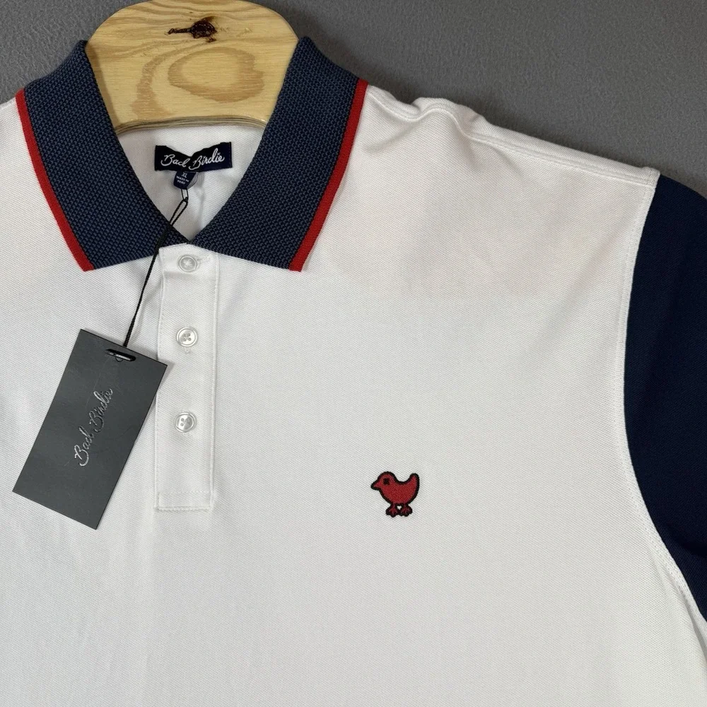 Bad Birdie Pique Golf Polo Mens XL White Dark Navy Red Shirt Short Sleeve USA - Picture 3 of 9